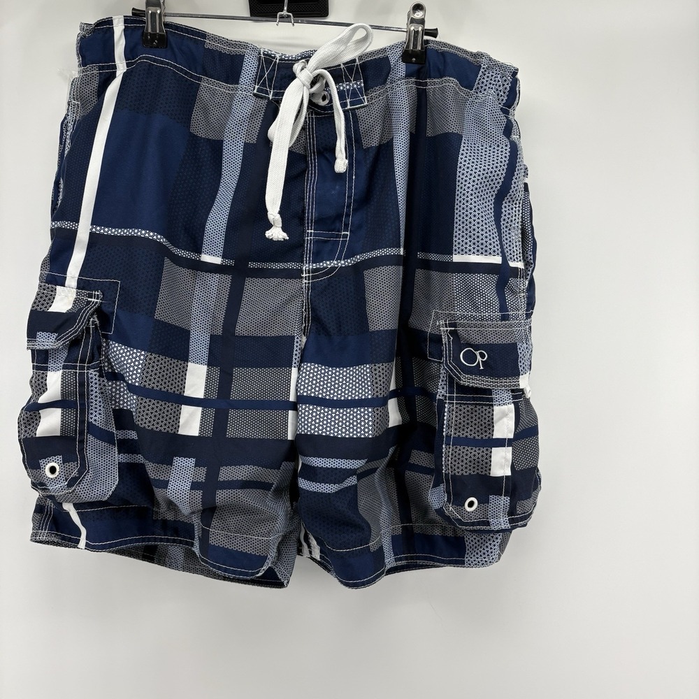 OP Ocean Pacific Board Shorts Mens L Blue Plaid Lined Cargo Pockets Swim Trunks